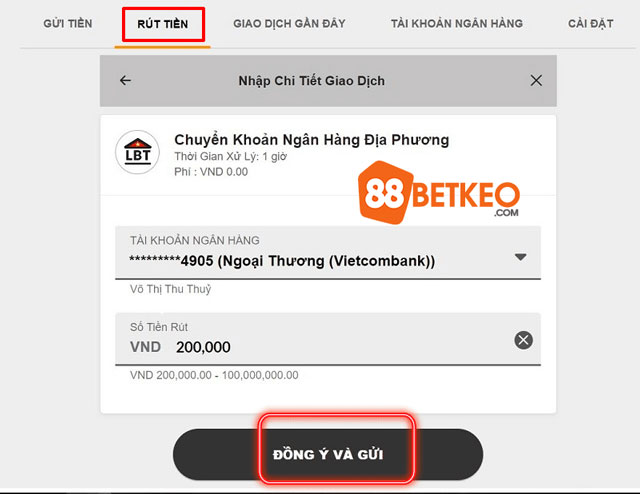 Rút Tiền 188BET: Hướng Dẫn Cách Rút Tiền Về Tài Khoản Thành Công 2 Điền số tiền cần rút