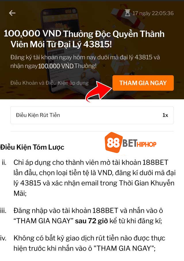 Kích hoạt khuyến mãi thưởng 100k tại 88bet
